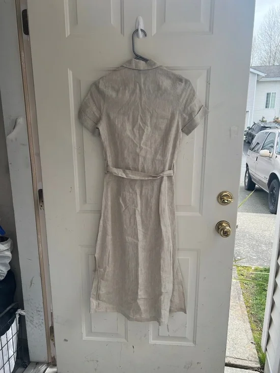 NWT Hiris Cotton Button-Front Short Sleeve Linen Midi Dress in Natural Beige - Picture 2 of 15